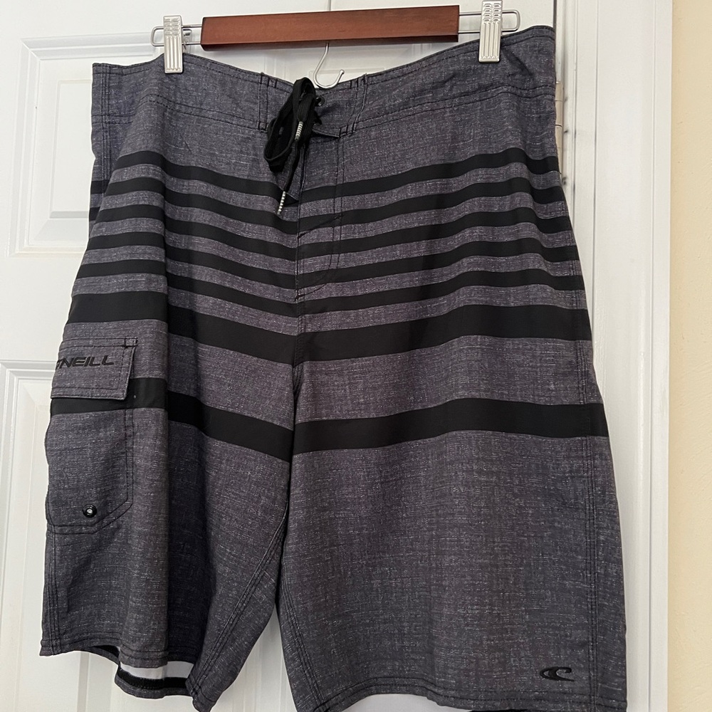O'Neill Gray & Black Striped Board Shorts Size 34